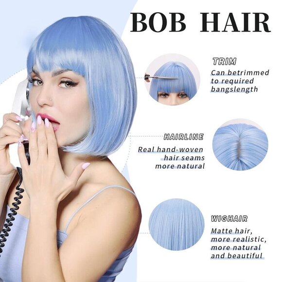 ? Women Blue Shoulder Bob Wigs Short Straight Colorful Synthetic Party Cosplay main image 4